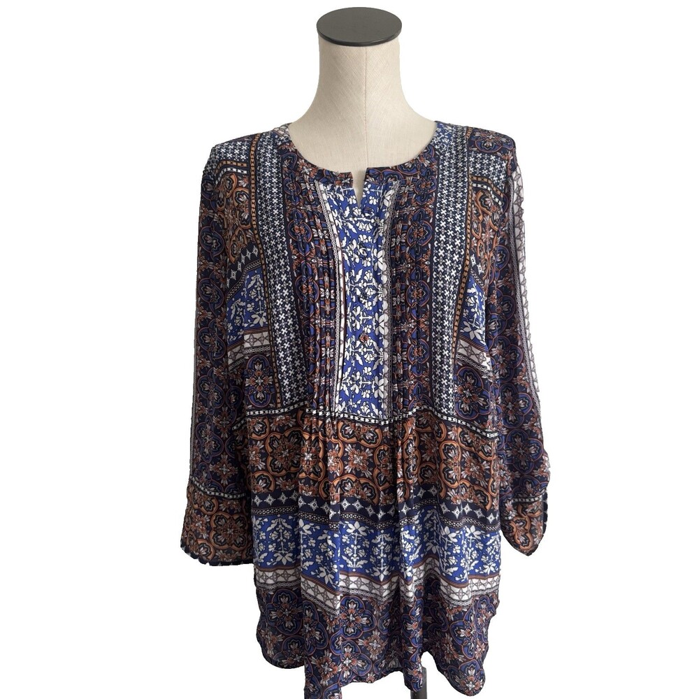 Daniel Rainn Blue  & Brown Boho Tunic Top 3/4 Sleeve Roll Tab Blouse XLP